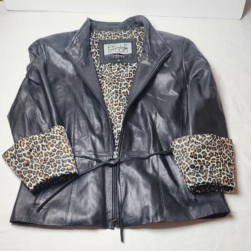 Pelle Studio Wilsons Leather Women's Black Leather Jacket Leopard Lining & Cuffs